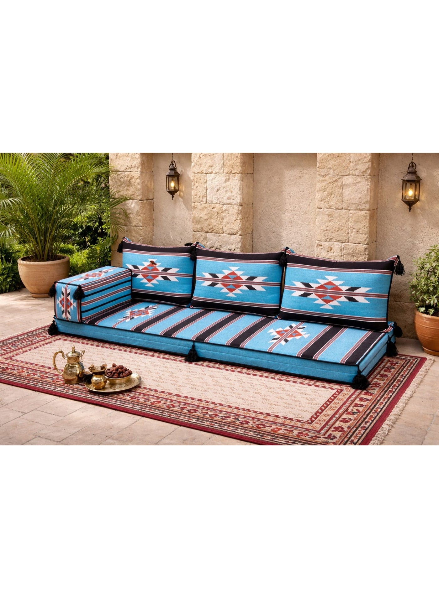 Majlis Floor Sofa Set, Arabic Style Floor Seating, Turquoise Blue with Geometric Pattern, Traditional Middle Eastern Cushion Seating